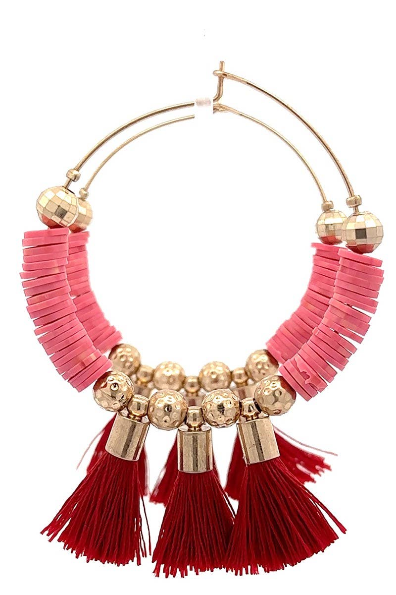 Pink & Gold Hoop Earrings with Red Tassels - Image 2