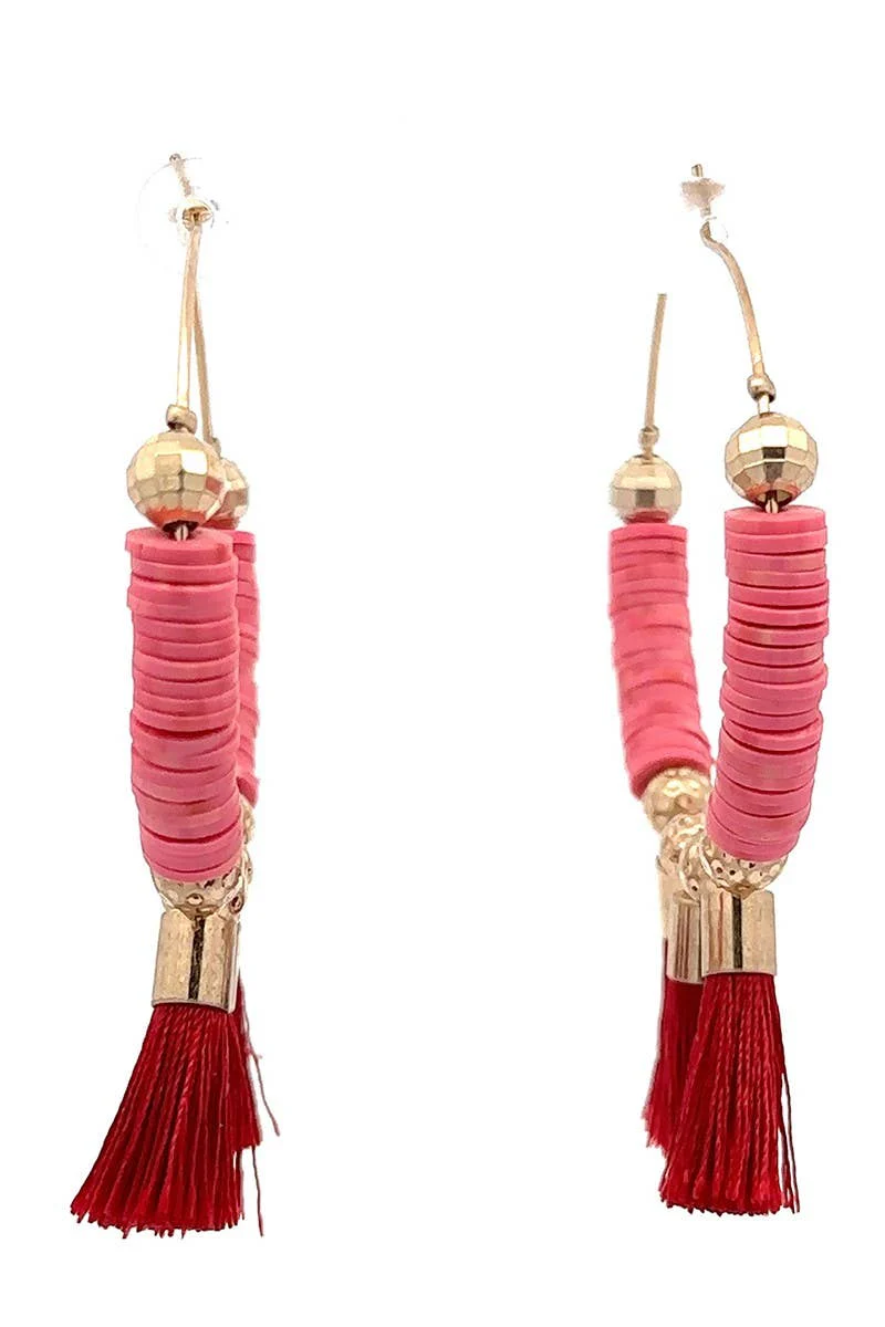 Pink & Gold Hoop Earrings with Red Tassels - Image 3