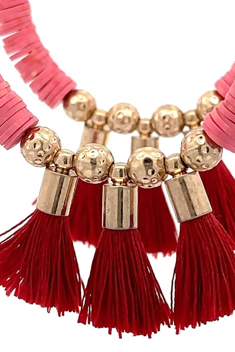 Pink & Gold Hoop Earrings with Red Tassels - Image 4
