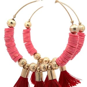 Pink & Gold Hoop Earrings with Red Tassels