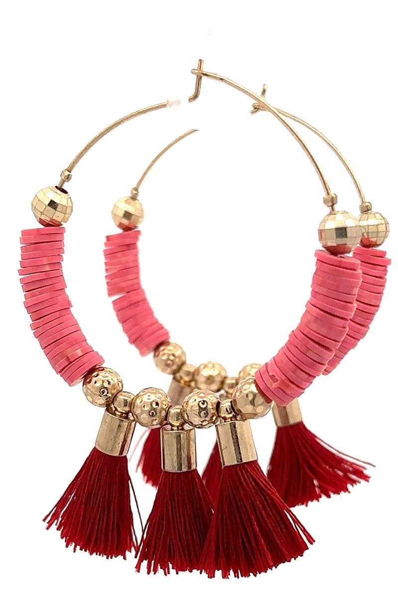 Pink & Gold Hoop Earrings with Red Tassels
