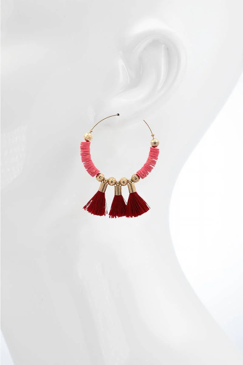 Pink & Gold Hoop Earrings with Red Tassels - Image 5